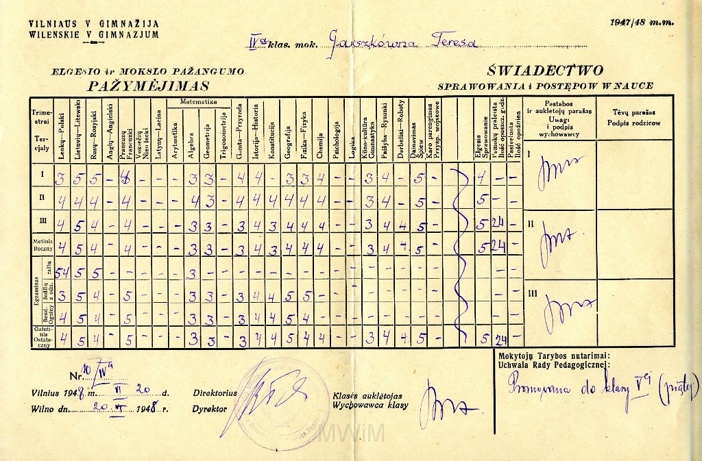 KKE 5812.jpg - (polski-litewski) Dok. Świadectwo szkolne wystawione przez V Gimnazjum Żeńskie w Wilnie z klasy IVa dla Teresy Graszko, Wilno, 20 VI 1948 r.